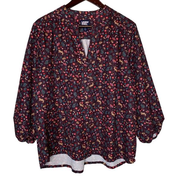 Lands' End Woodland Creature Balloon Sleeve Button Up Top Maroon size Large - Picture 1 of 5